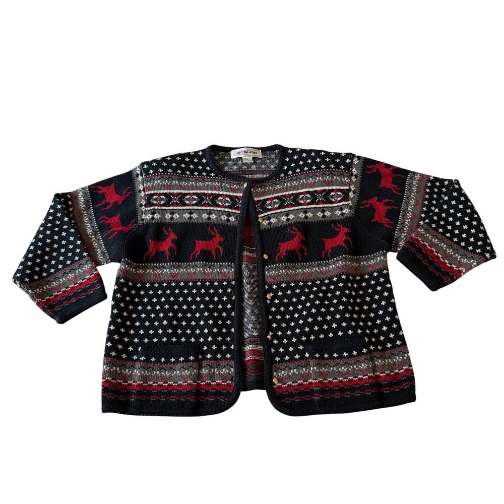 Vtg Y2K 2000s Black Reindeer Fair Isle Cardigan Sweater Wmn XL Christmas Holiday